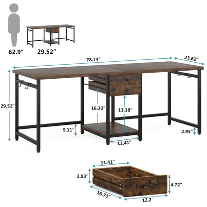 Tribesigns 78.74’’ Two Person Desk with 2 Drawers, Long Double Computer Desk Gaming Table with Shelves