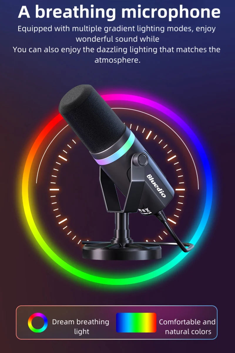 Bluedio S3000 USB/XLR Dynamic Microphone With Headphone Jack/RGB/Mute for Mixer PC Gaming Recording Streaming PS5/4 AmpliGame