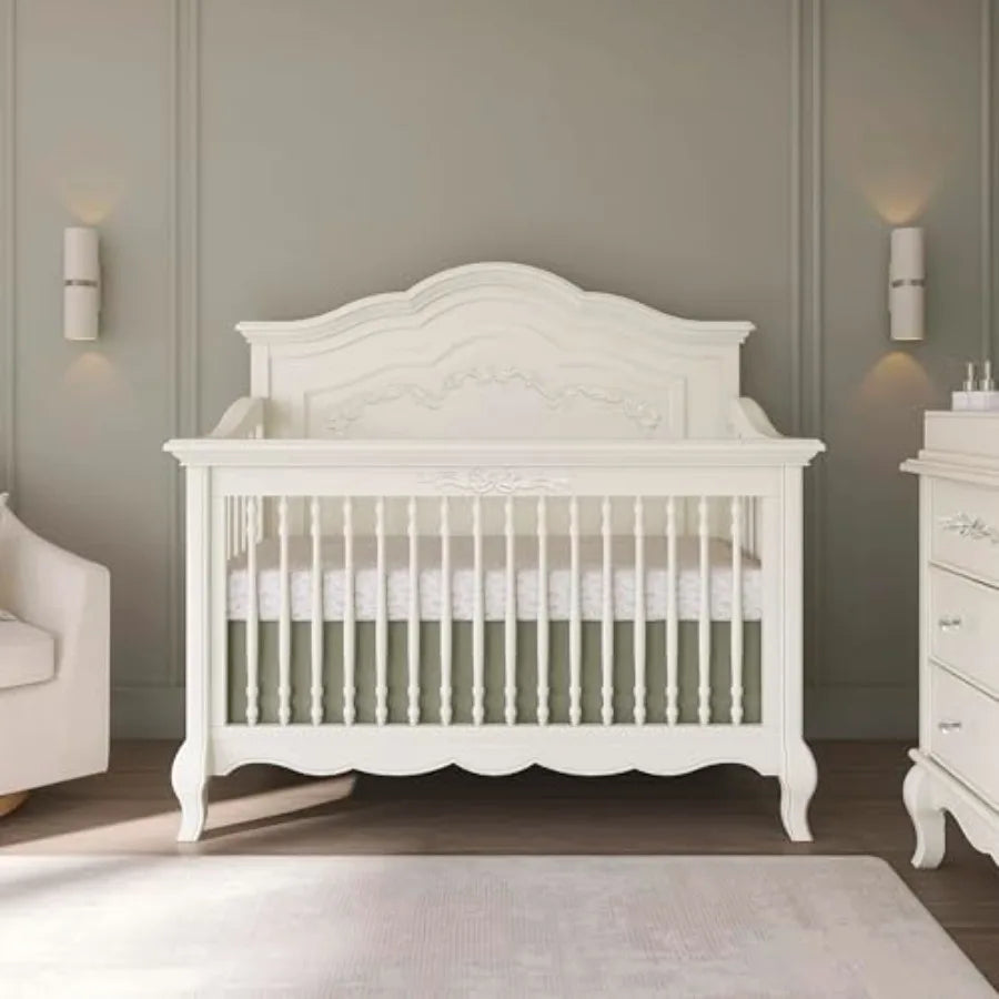 Evolur Aurora 5-in-1 Convertible Full-Size Baby Crib in, 3 Mattress HeightsRibbon Bow Scrollwork and Queen Anne Feet, Converts