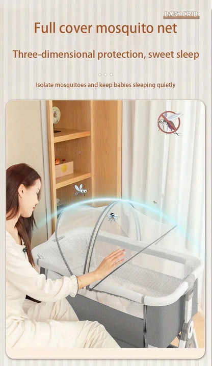 Multi Functional Crib with Foldable Height Adjustment Splicing, Portable and Movable Bedside Swing, Cradle, Sleeping Bed