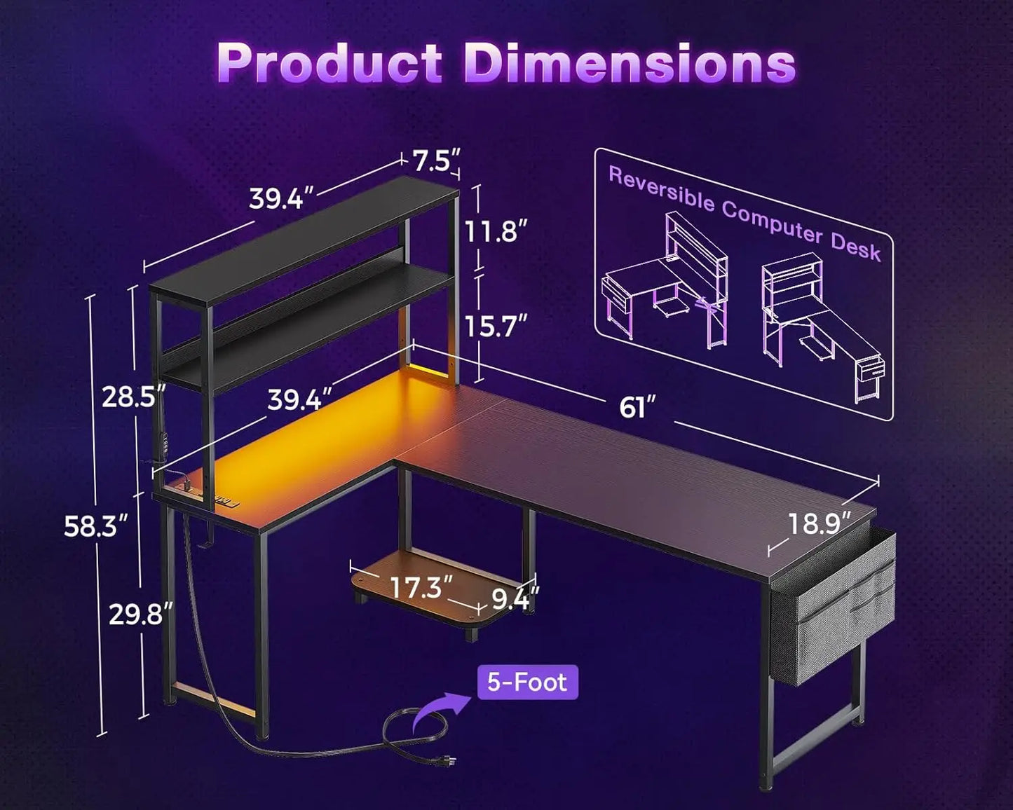 61 Inch L Shaped Desk with LED Lighting, Reversible Gaming Desk with Power Outlets, Cornor Computer Table with, Customized