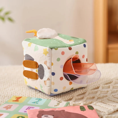 Baby Montessori Rattle Toy Cotton Animal Tissue Box Kid Finger Exercise Cloth Busy Box Toy Baby Educational Activity Sensory Toy