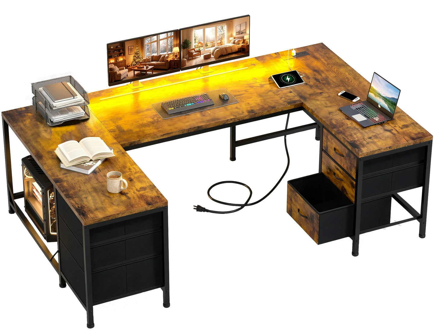 U Shaped Gaming Corner Desk 67" | Computer Desk Home Office Desk with 6 Drawers, Power Outlets, LED Lights for Bedroom Office