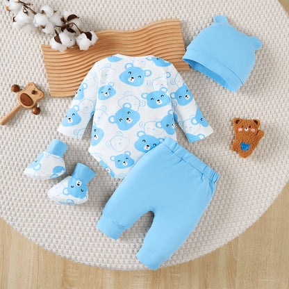 Newborn Baby boy Set Little bear Long sleeved Jumpsuit+Long Pants+Hat+Socks 4Pcs/Set 0-9 Month Baby boy Spring and Autumn Set