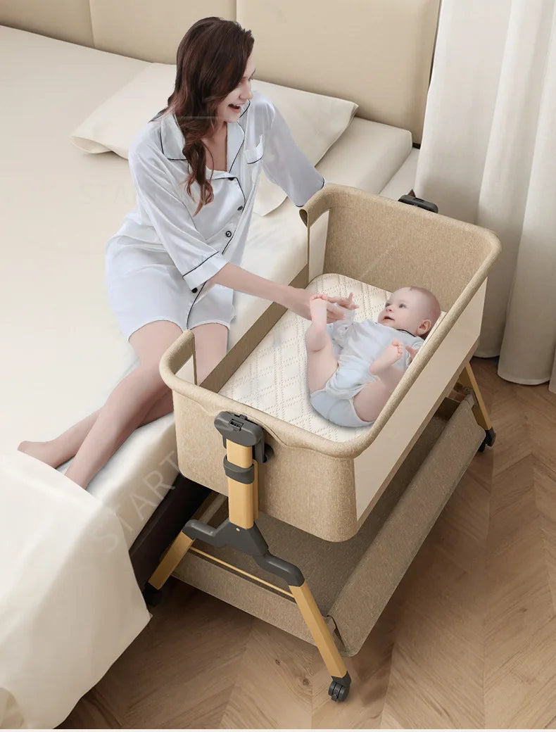 Removable Baby Cradle Bed Large Foldable Wood Crib Height Adjustment Splicing Anti-Spill Milk Feature for Living Room
