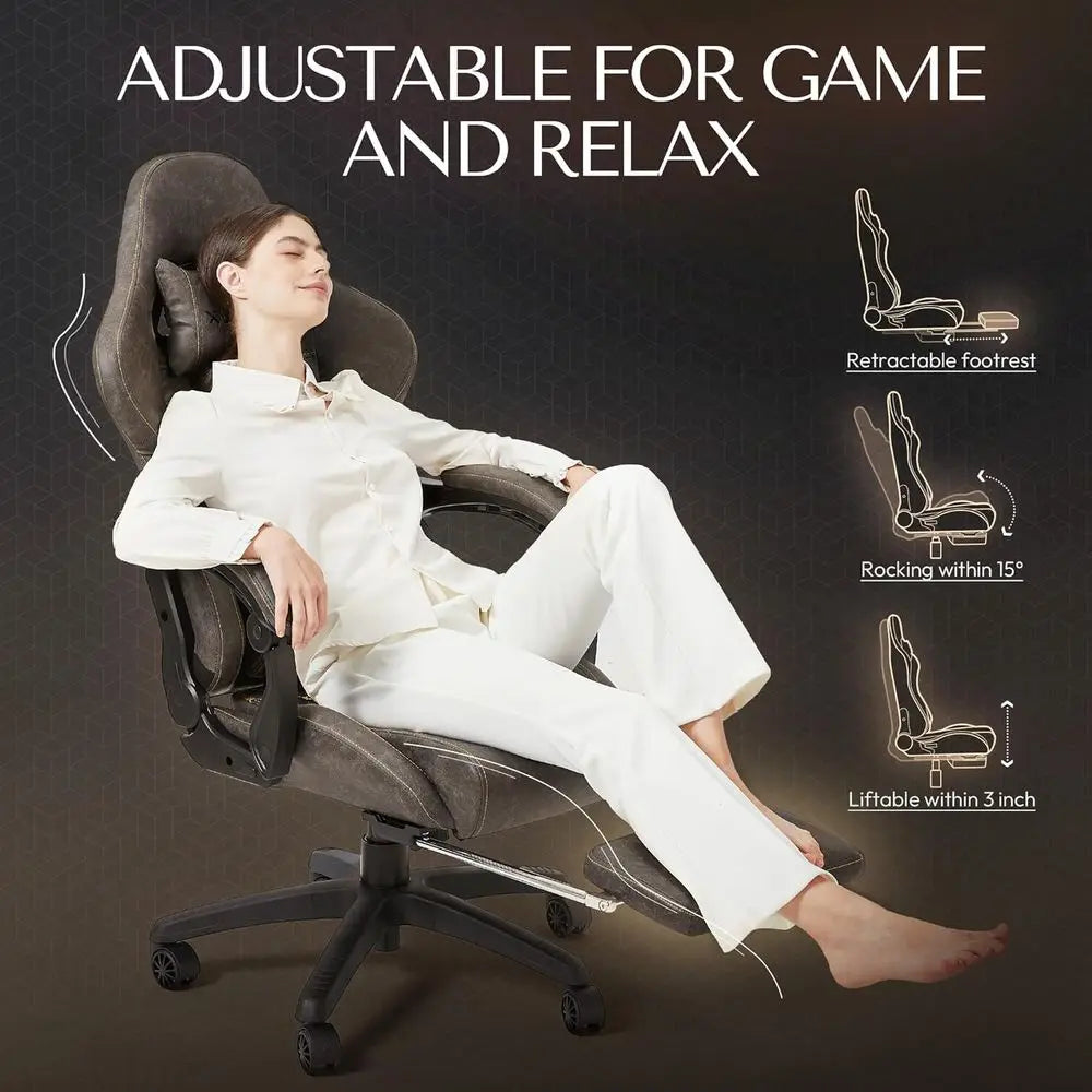 Vintage Heavy-Duty Ergonomic Gaming Chair for Adults, 400 lb Capacity, with Massage Lumbar, Footrest, and Recline, Brown