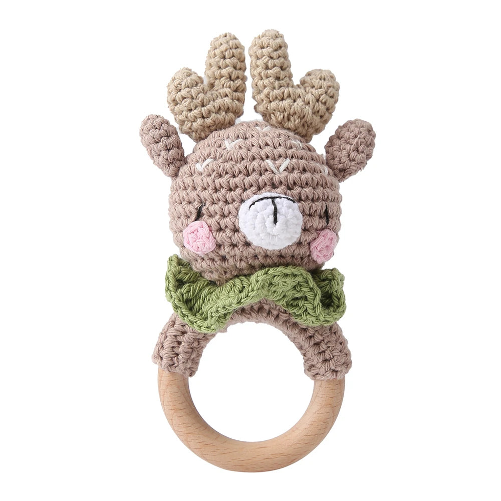 Handmade Crochet Animal Rattle Set Natural Beech Wood Ring Built in Bell Sound Teething Relief Fine Motor Skills Baby Toys Gift