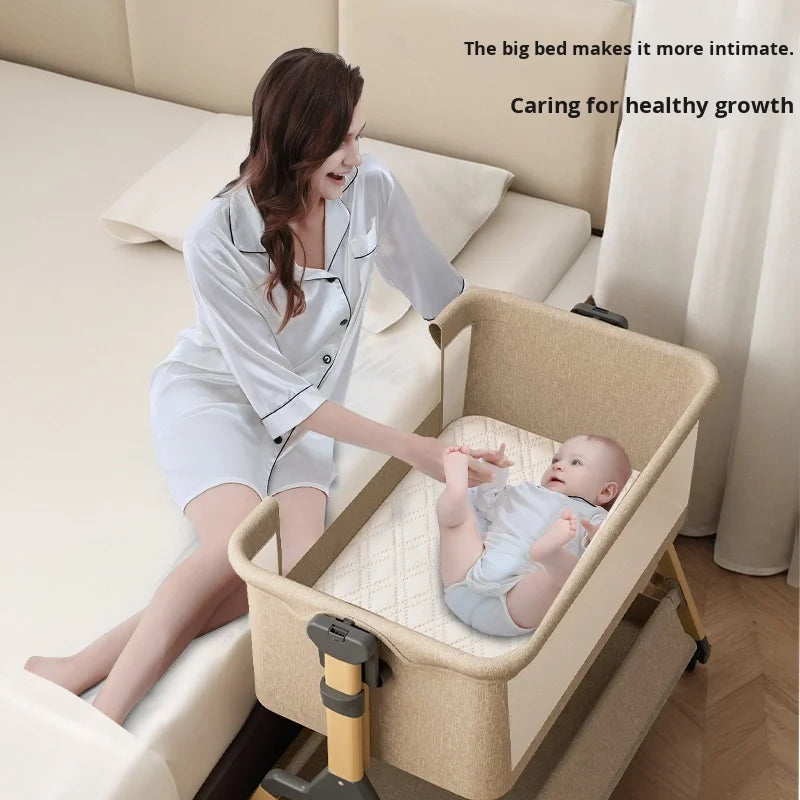 Removable Baby Cradle Bed Large Foldable Wood Crib Height Adjustment Splicing Anti-Spill Milk Feature for Living Room