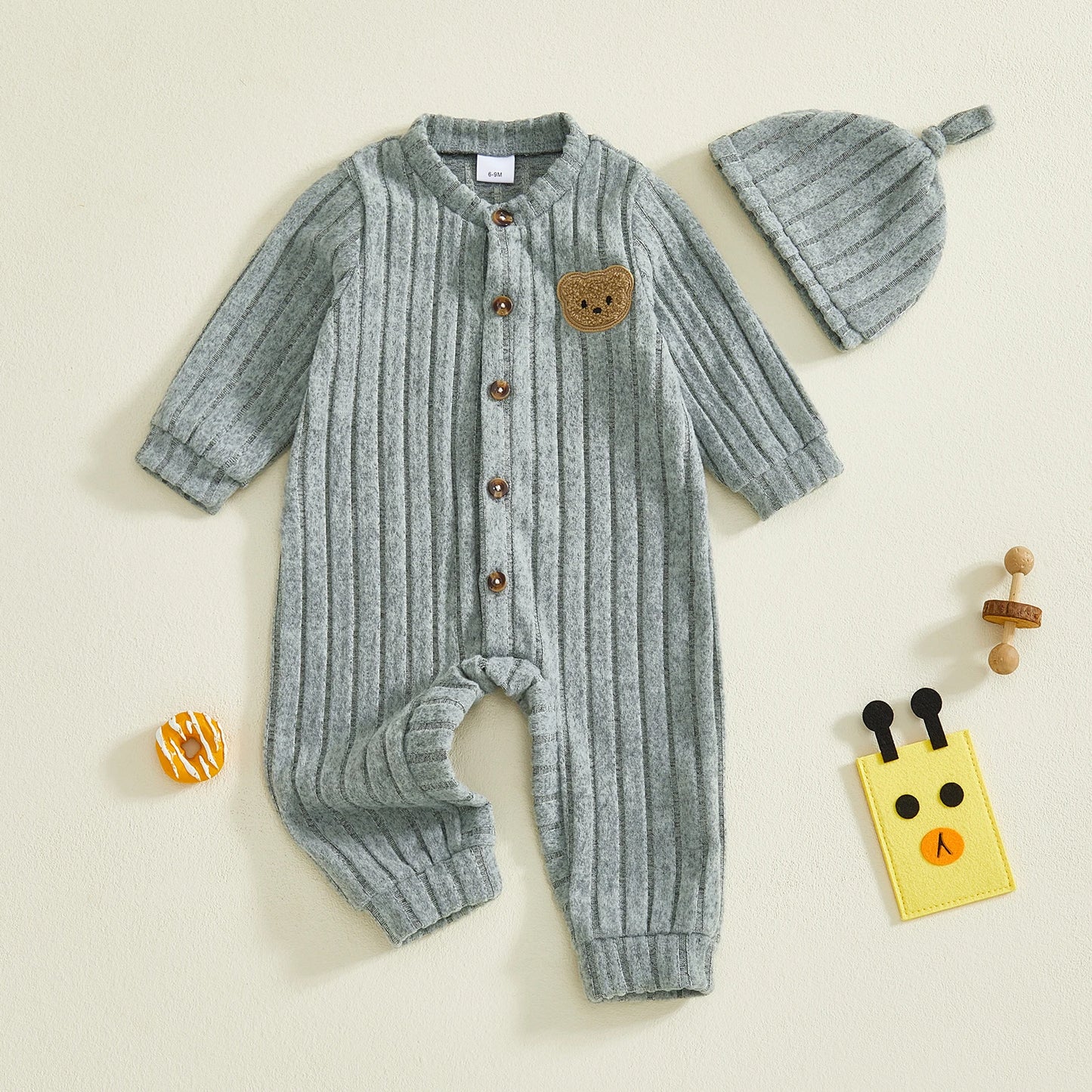 Infant Boy Romper and Beanie Set Adorable Bear Design Long Sleeve Jumpsuit with Matching Hat for Newborn Baby Outfit