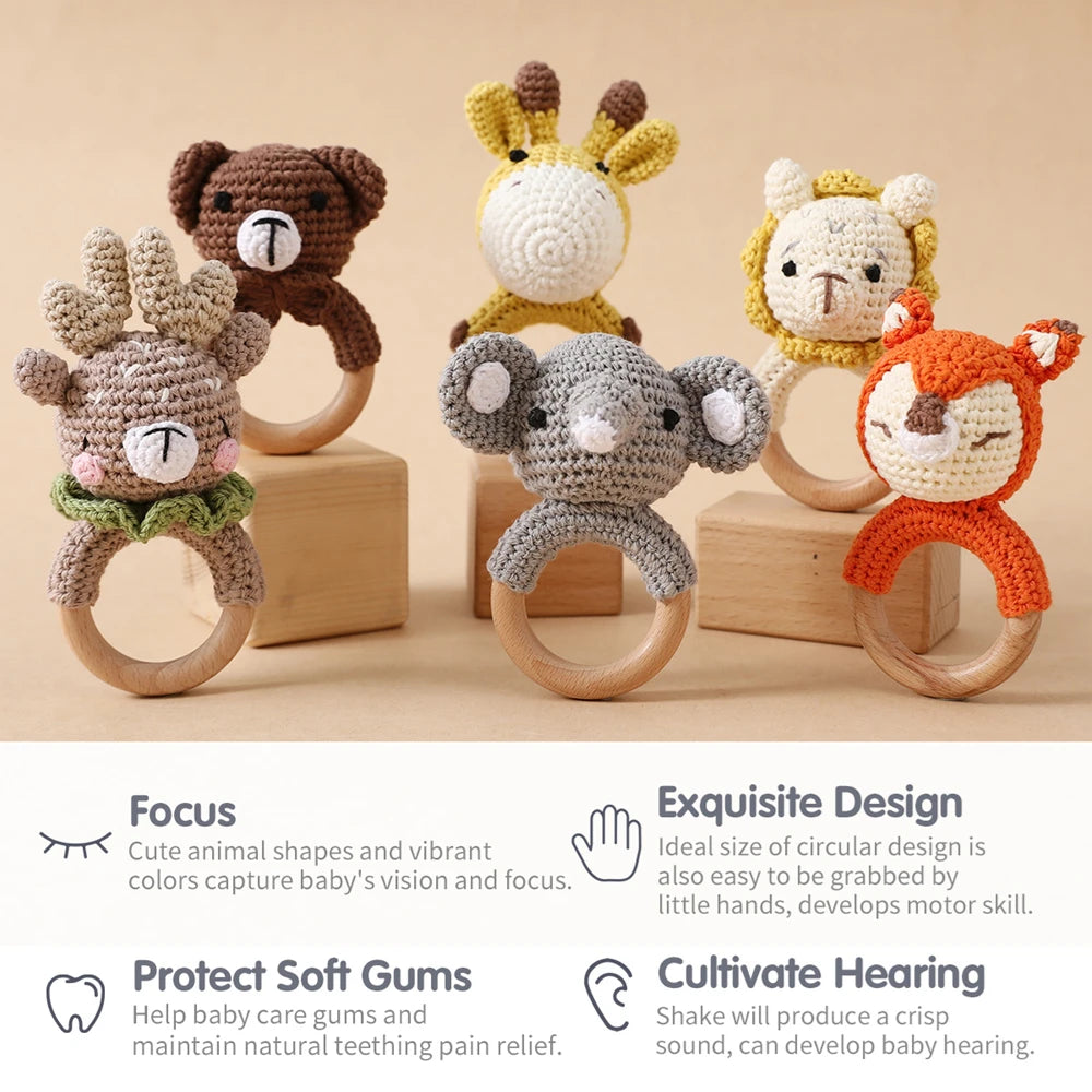 Handmade Crochet Animal Rattle Set Natural Beech Wood Ring Built in Bell Sound Teething Relief Fine Motor Skills Baby Toys Gift