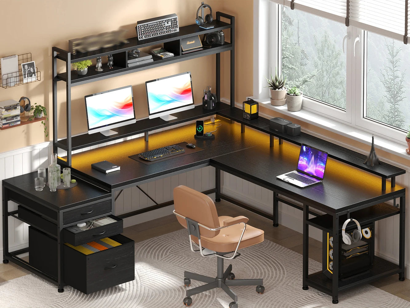 L Shaped Computer Desk with Power Outlet & Monitor Stand & LED Gaming Desk with Hutch Drawers for Living, Gaming Room