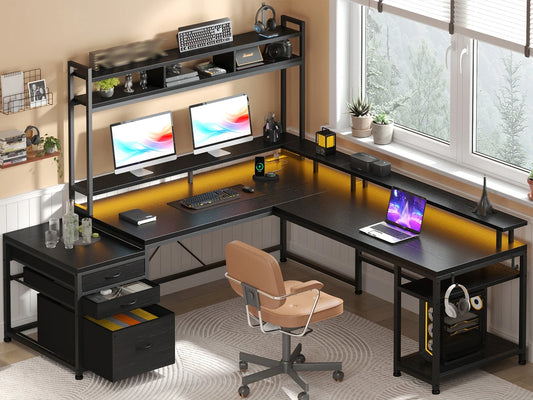L Shaped Computer Desk with Power Outlet & Monitor Stand & LED Gaming Desk with Hutch Drawers for Living, Gaming Room