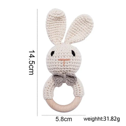 Handmade Crochet Animal Rattle Set Natural Beech Wood Ring Built in Bell Sound Teething Relief Fine Motor Skills Baby Toys Gift