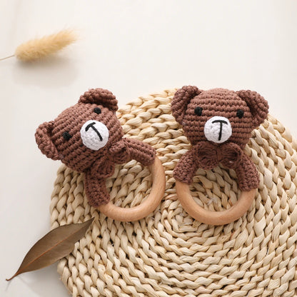 Handmade Crochet Animal Rattle Set Natural Beech Wood Ring Built in Bell Sound Teething Relief Fine Motor Skills Baby Toys Gift