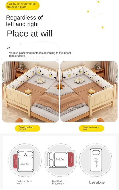 Children's Splicing Bed Wider Solid Wood Frame with Guardrail Baby Single Bed Kids' Crib Safety and Comfort