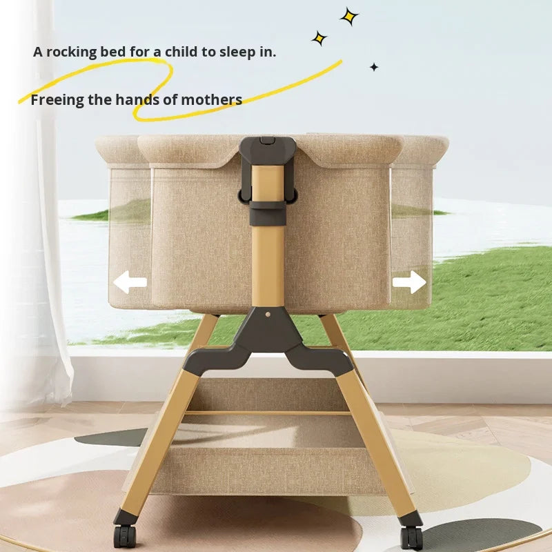 Removable Baby Cradle Bed Large Foldable Wood Crib Height Adjustment Splicing Anti-Spill Milk Feature for Living Room