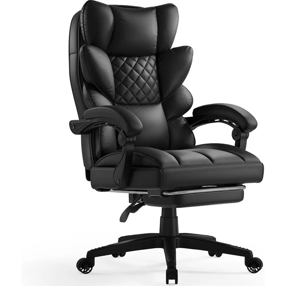 Ergonomic High-Back Gaming Chair with Spring Cushion and Footrest, Black PU Leather