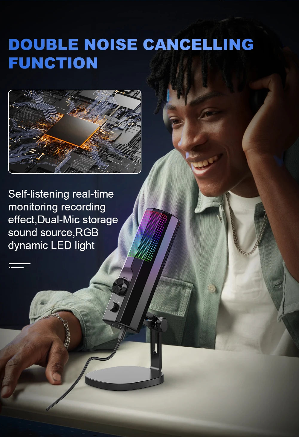 3.5mm Condenser Microphone with ENC Noise Cancelling, RGB LED Lighting, Compatible with PC/PS4/PS5/Mac/Android, Ideal for Stream