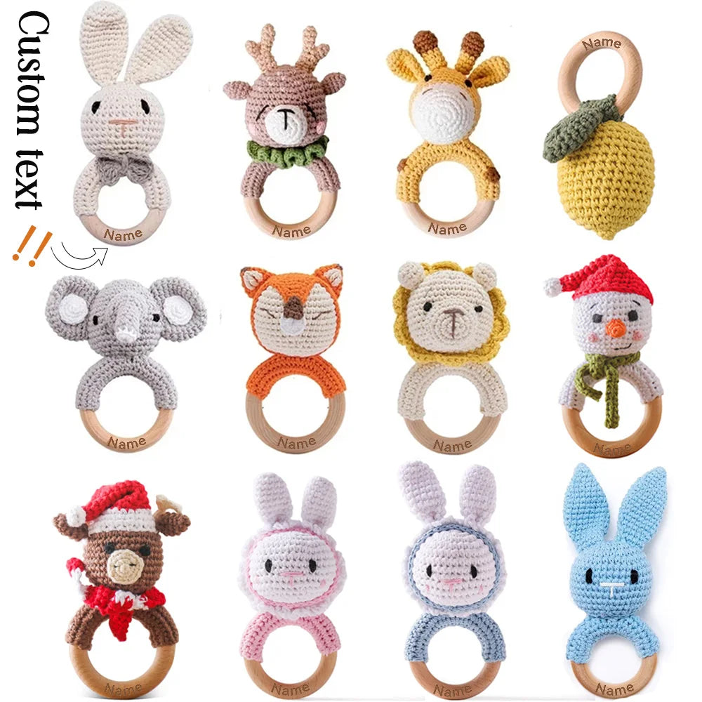 1Pc Customized Baby Teether Wooden Bracelet Crochet Rattle Toys BPA Free Crochet Lemon Bunny Rodent Rattle Newborn Toys Gift