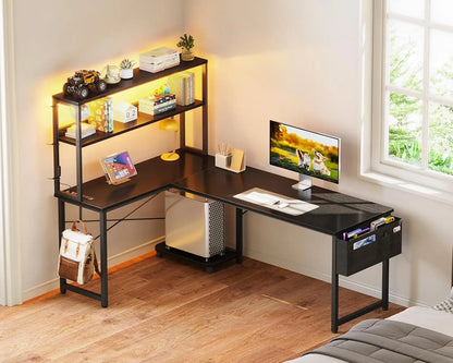 61 Inch L Shaped Desk with LED Lighting, Reversible Gaming Desk with Power Outlets, Cornor Computer Table with, Customized
