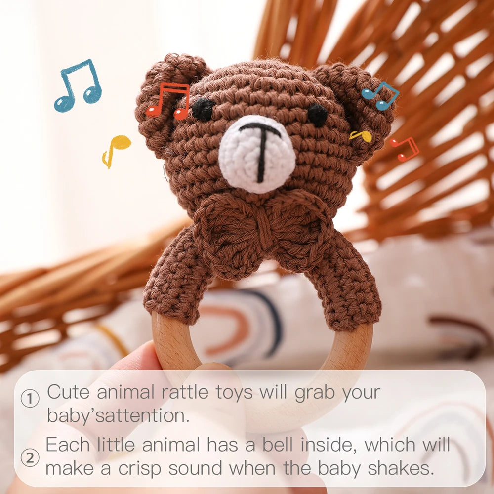 Handmade Crochet Animal Rattle Set Natural Beech Wood Ring Built in Bell Sound Teething Relief Fine Motor Skills Baby Toys Gift