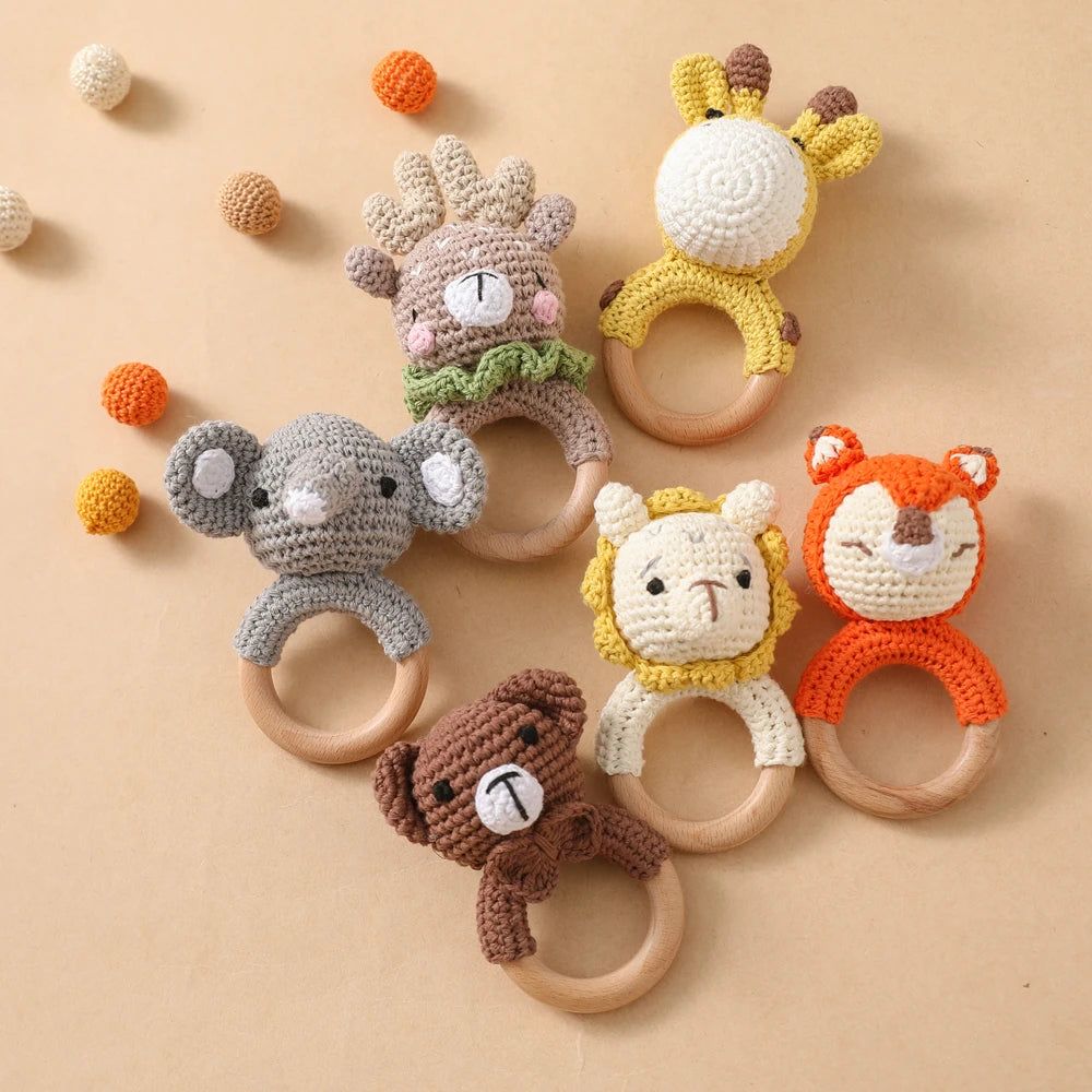 Handmade Crochet Animal Rattle Set Natural Beech Wood Ring Built in Bell Sound Teething Relief Fine Motor Skills Baby Toys Gift