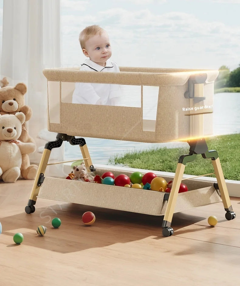 Removable Baby Cradle Bed Large Foldable Wood Crib Height Adjustment Splicing Anti-Spill Milk Feature for Living Room