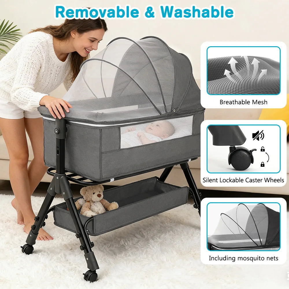 Bassinet for Baby Baby Bassinet Bedside Portable Newborn Bedside Sleeper Crib 360° Visible Mesh Window Soft Washable Liner Cover