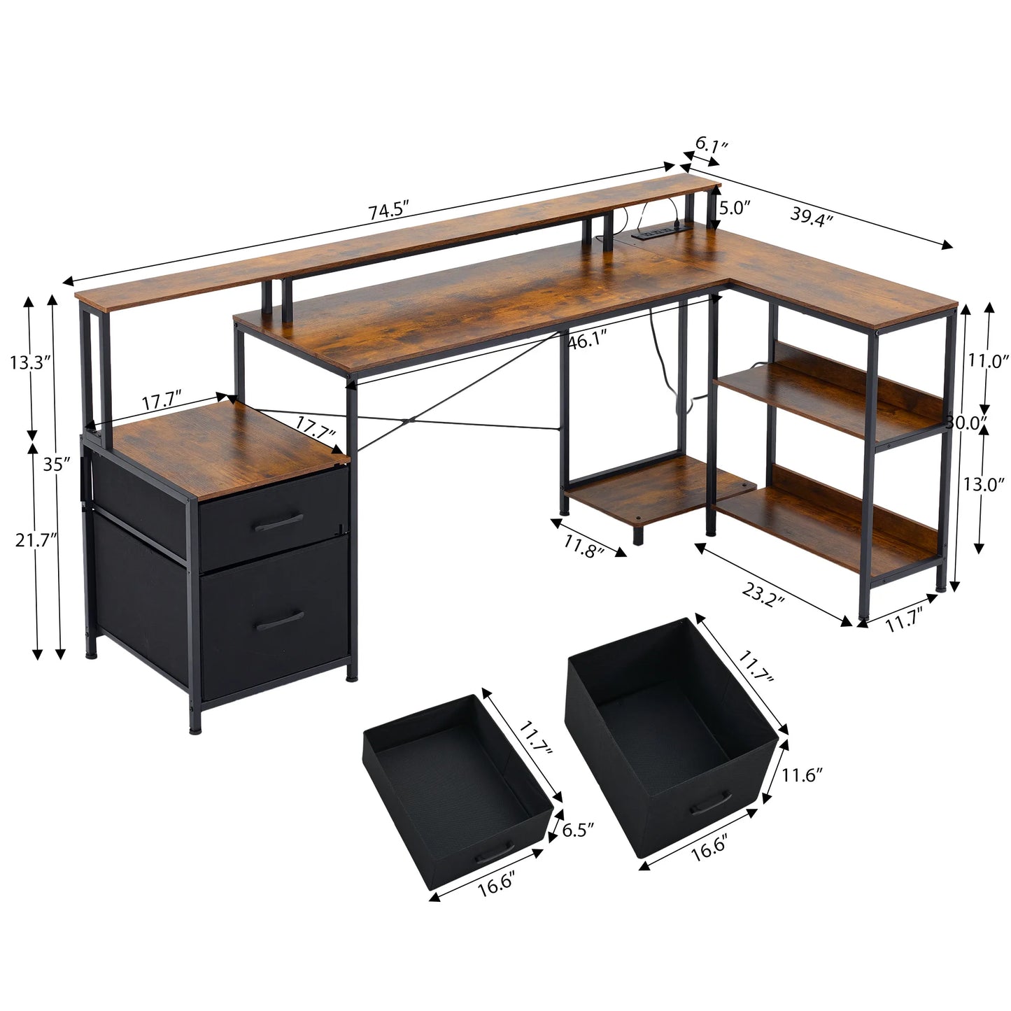 JHK 75IN L-Shaped Computer Desk with Power Outlet and LED Strip 2 Drawers For Study Office Gaming Wood Table Modern Work Table