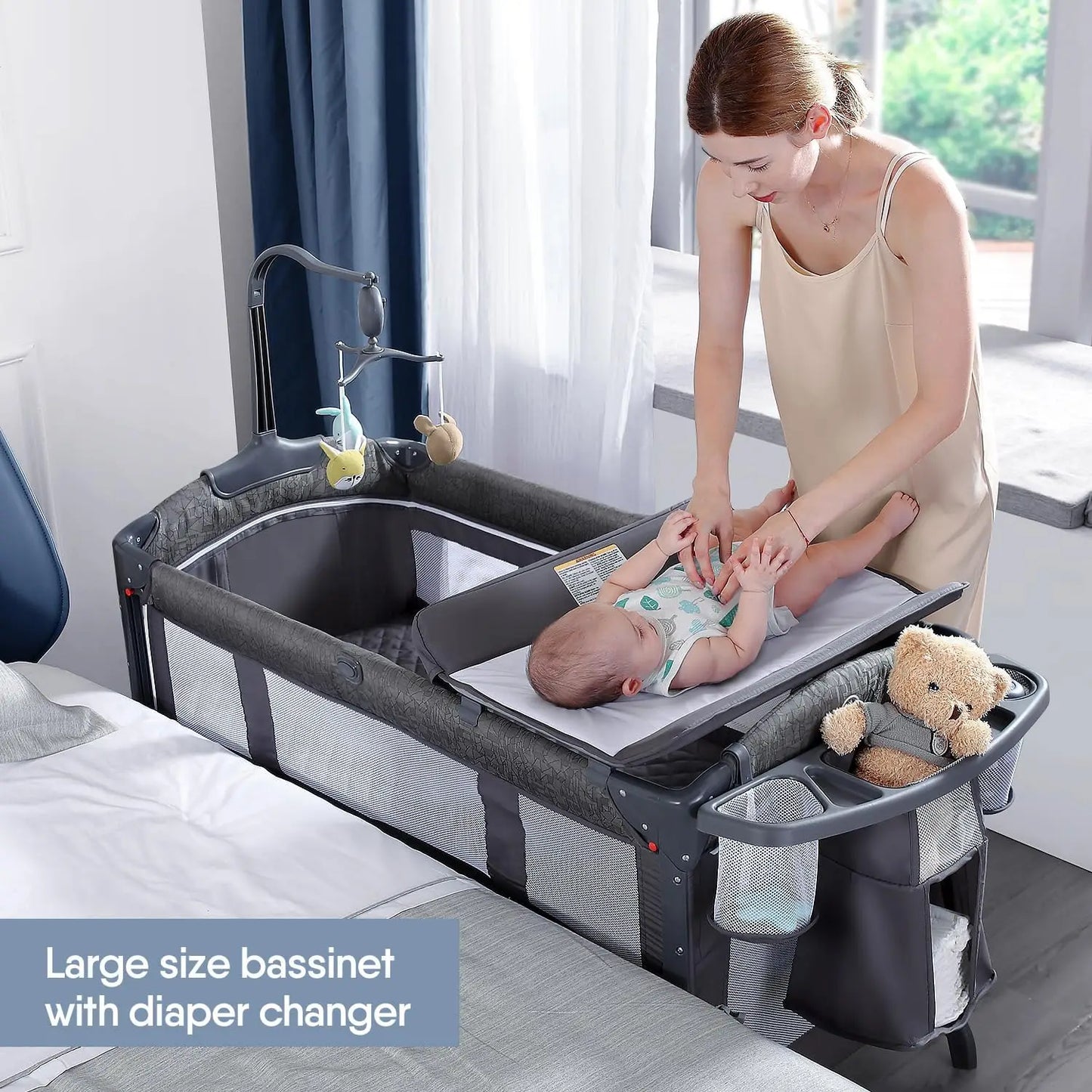 Baby Bassinet Bedside Crib, Pack and Play with Sheet, Diaper Changing Table and Music Mobile from Newborn to Toddles, Portable L