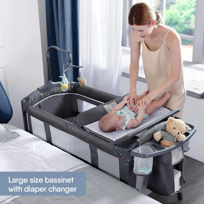 Baby Bassinet Bedside Crib, Pack and Play with Sheet, Diaper Changing Table and Music Mobile from Newborn to Toddles, Portable L