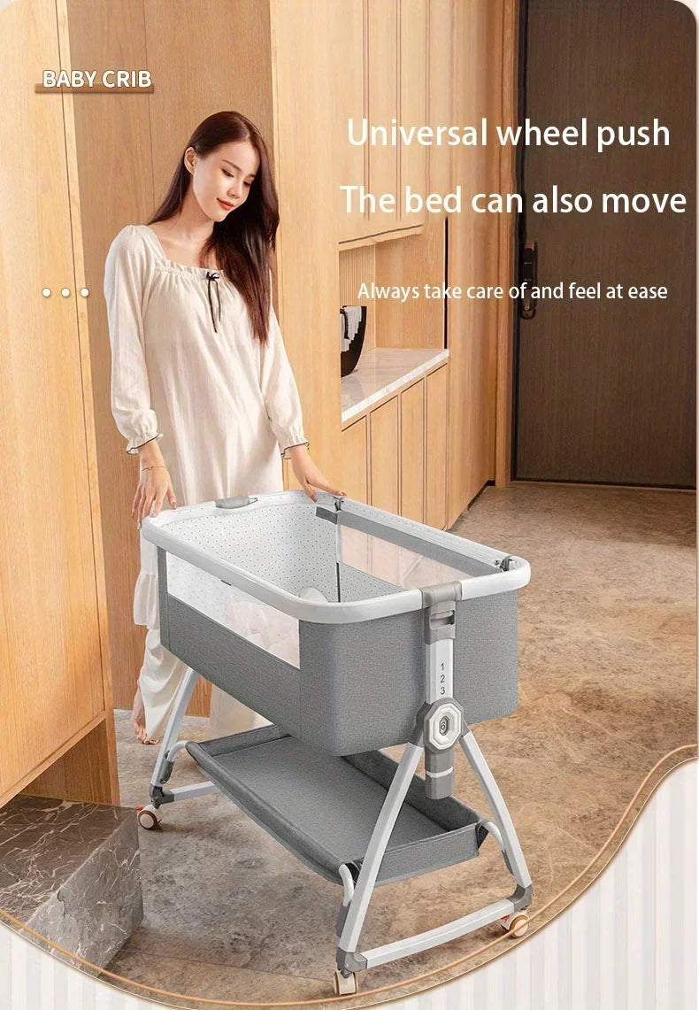 Multi Functional Crib with Foldable Height Adjustment Splicing, Portable and Movable Bedside Swing, Cradle, Sleeping Bed