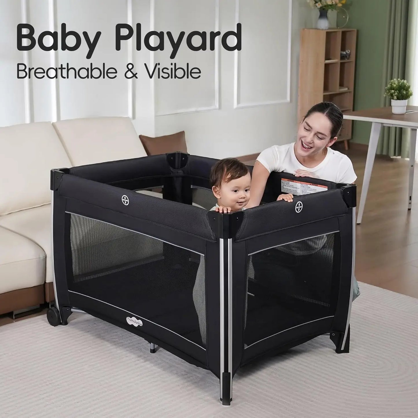 Pamo Babe 4 in 1 Baby Playards with Bassinet & Changing Table, Portable Crib Breathable Mesh and Toy Mobile