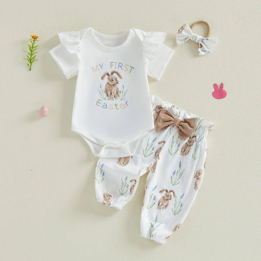 Adorable Toddler Easter Clothes Bunny Patterned Short Sleeve Romper Pants and Headband 3 Piece Set for Baby Girls