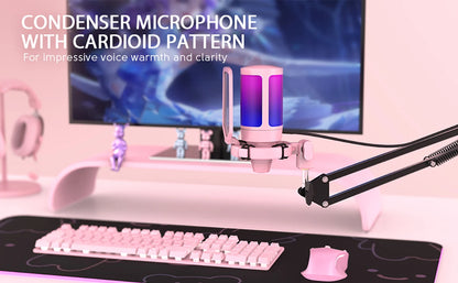 FIFINE USB Gaming Microphone Kit for PC,PS4/5 Condenser Cardioid Mic Set with Mute Button/RGB /Arm Stand,for Streaming Video