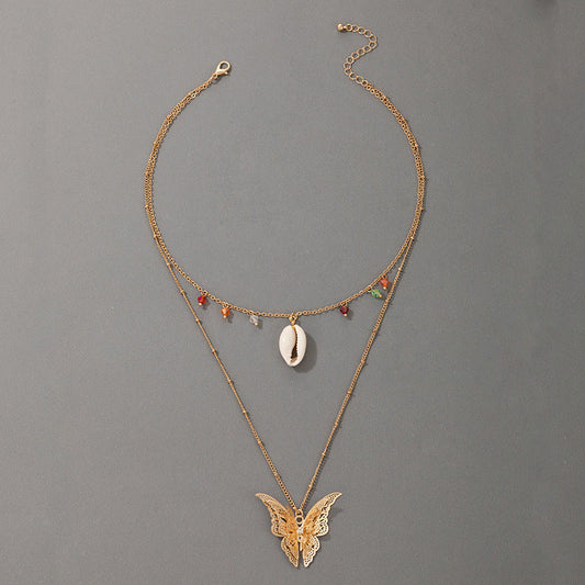 Simple Retro Ethnic Butterfly Shell Color Beads 2 Layer Necklace