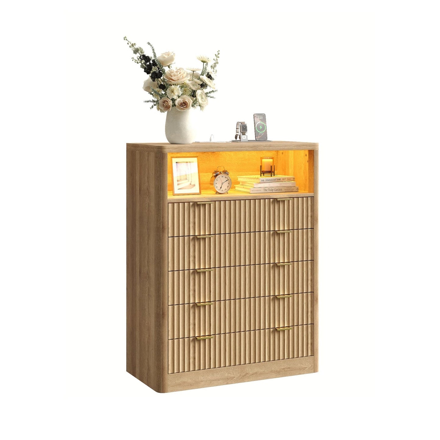 Fluted LED Nightstand with Charging Station, 5-Drawer, Oak - Vektaya