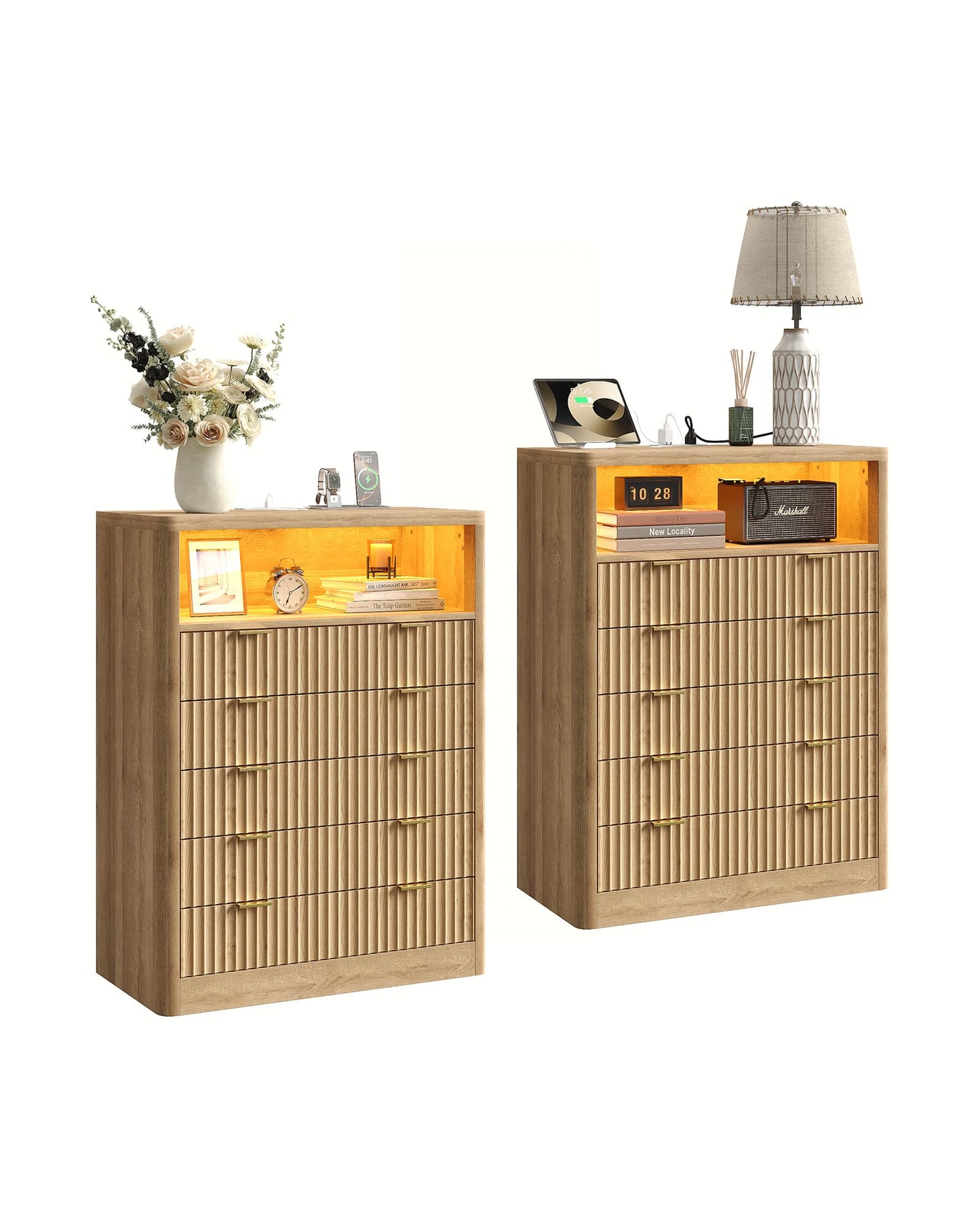Fluted LED Nightstand with Charging Station, 5-Drawer, Oak - Vektaya