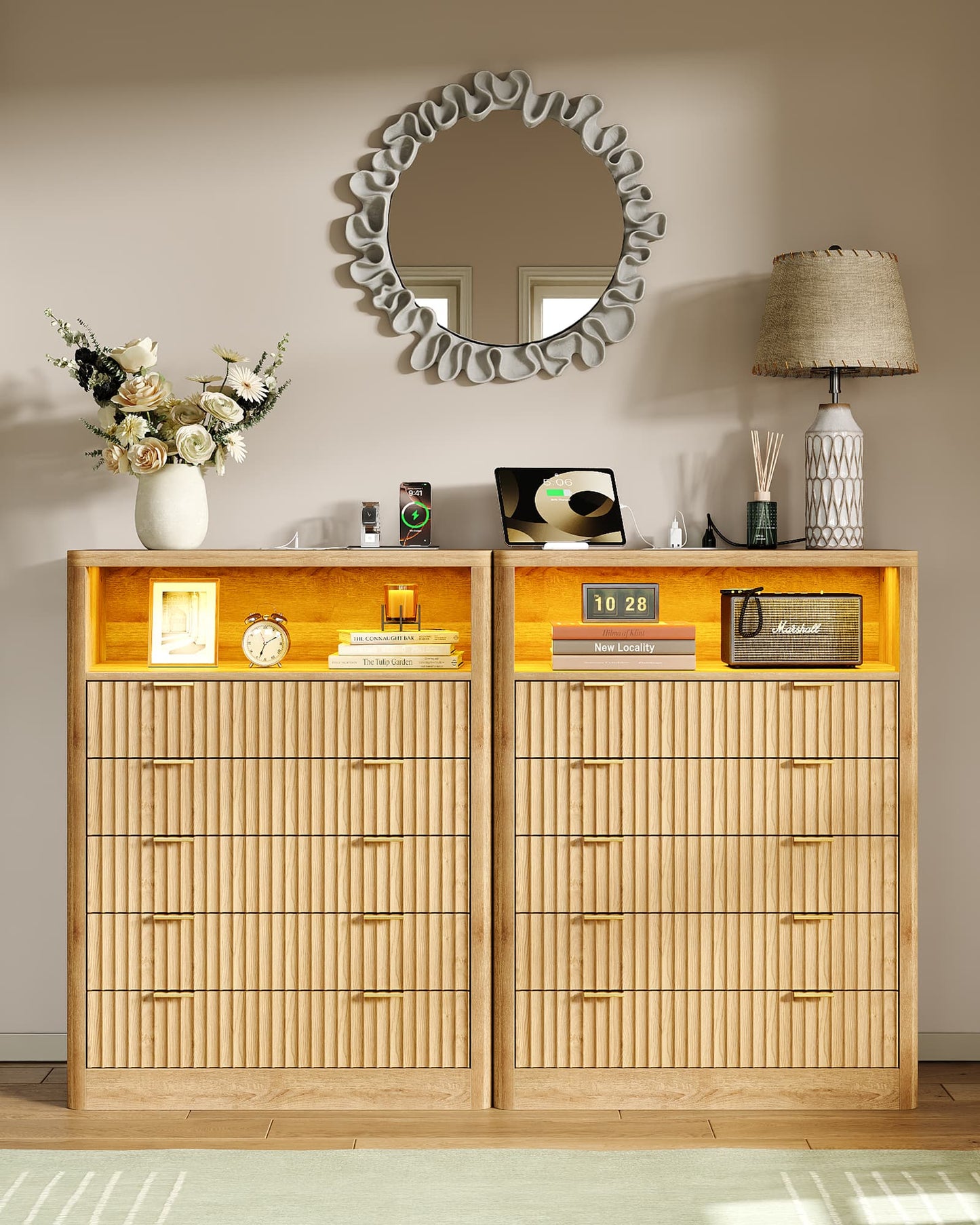 Fluted LED Nightstand with Charging Station, 5-Drawer, Oak - Vektaya