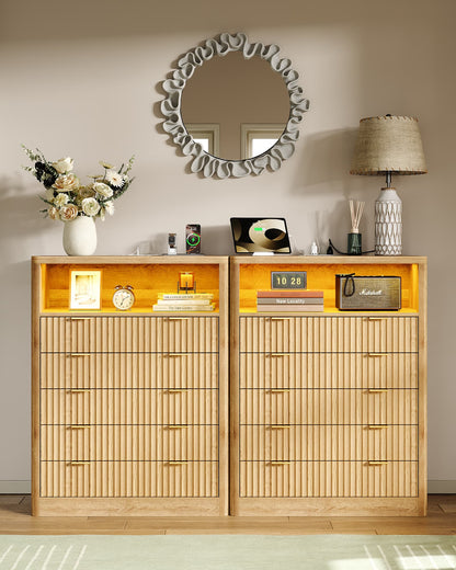 Fluted LED Nightstand with Charging Station, 5-Drawer, Oak - Vektaya