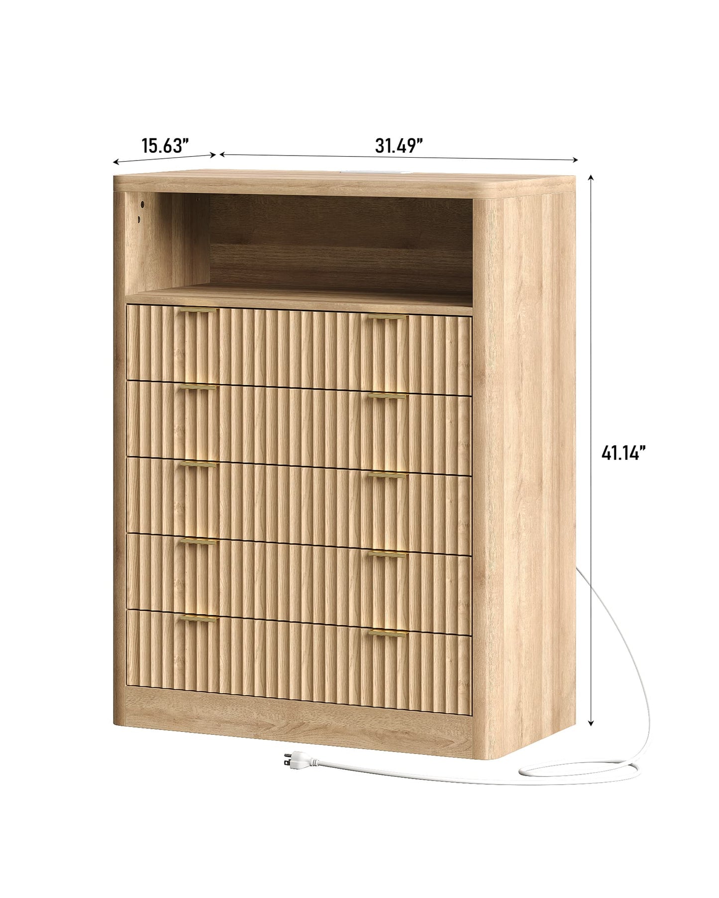 Fluted LED Nightstand with Charging Station, 5-Drawer, Oak - Vektaya