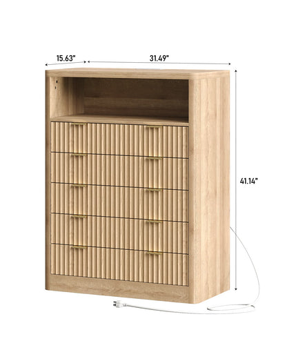 Fluted LED Nightstand with Charging Station, 5-Drawer, Oak - Vektaya