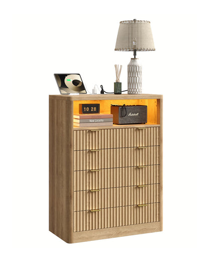 Fluted LED Nightstand with Charging Station, 5-Drawer, Oak - Vektaya