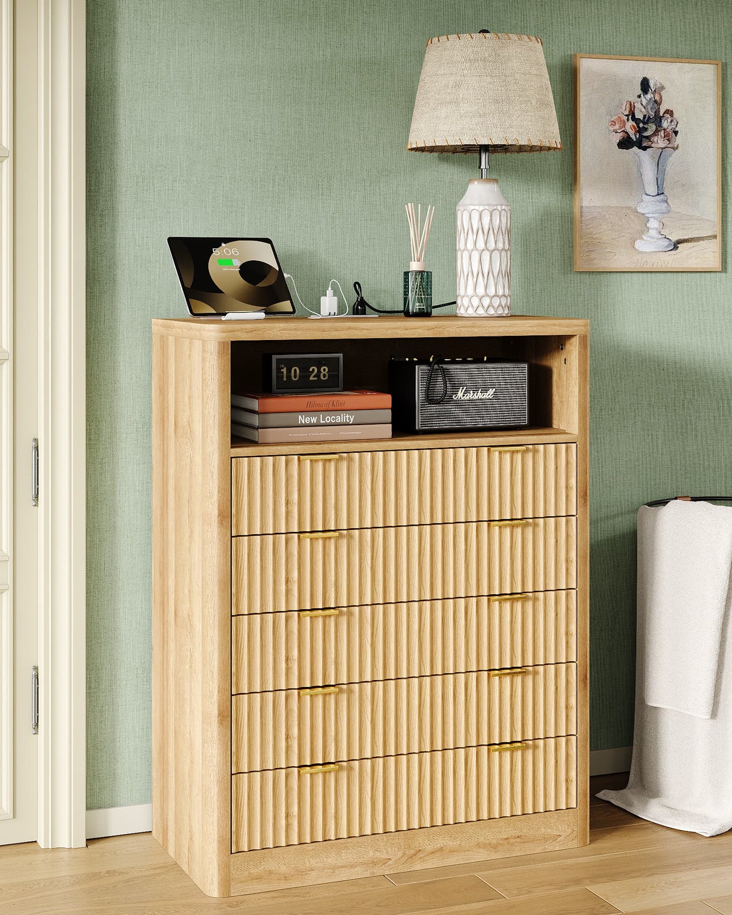Fluted LED Nightstand with Charging Station, 5-Drawer, Oak - Vektaya